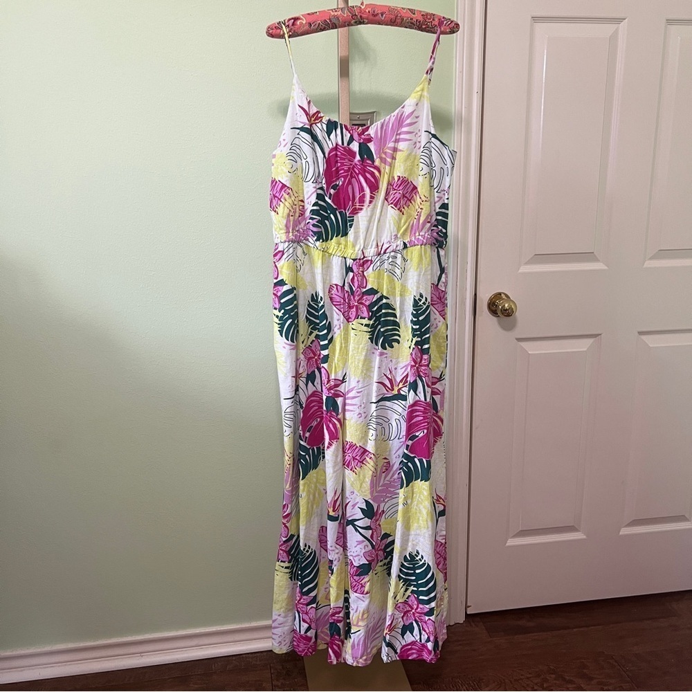 Nicole Miller linen jumpsuit tropical print white pink green XL